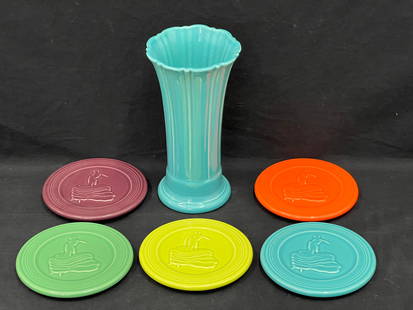 Fiesta Ware Vase + (5)Dancing Lady Trivets - Turquoise Vase 9.5''T: Fiesta Ware Vase + (5)Dancing Lady Trivets - Turquoise Vase 9.5''T