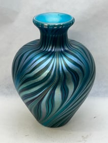Lundberg Studios Pulled Feather Bud Vase 1970s - Iridescent Vase 4.5''T