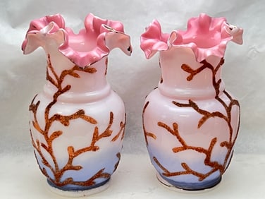 Pr Victorian Coralene Art Glass Vase 3.75'' x 6''