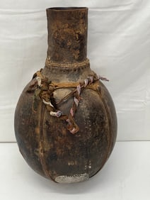 Antique African Tribal Water Milk Jug 31''Circ. x 18''T - Hollowed Out Gourd w/ Leather & Cloth