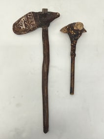 Native American Antique Tomahawk & War Club - Tomahawk has Teepee Design on Head 3'' x 8'' Overall