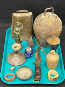 Asst Items- Kit Carson Knife,Stone Figure,Sterling,More- Large Cow Bells(Missing Clapper), Weighted