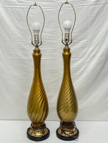 Pr MCM Golden Flake Art Glass Table Lamps 36''T