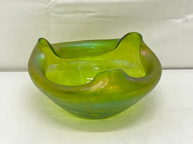 Loetz Tri Corner Oil Spot Bowl Iridescent Green Glass - 3.75'' x 7''