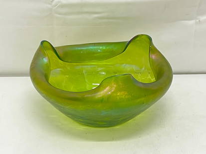 Loetz Tri Corner Oil Spot Bowl Iridescent Green Glass - 3.75'' x 7'': Loetz Tri Corner Oil Spot Bowl Iridescent Green Glass - 3.75'' x 7''