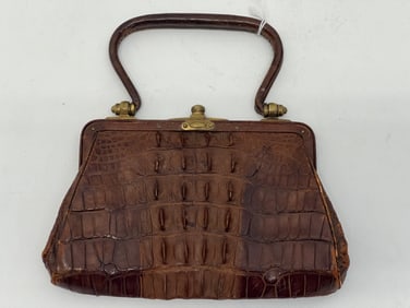 Antique Alligator Handbag Purse 5.5'' x 7.5'' - Brass Hardware, Leather Lining w/ Pocket