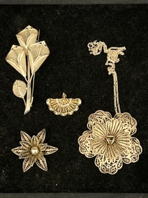 Vintage Sterling Filigree Jewelry & Necklace - Sterling Flower Pendant w/ Necklace, Brooches