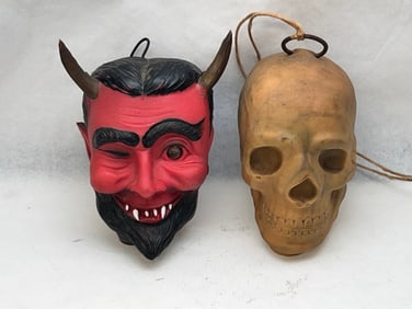 (2)1950-60's Rubber Car Hanging Ornaments - Skull & Devil Head 2.75'' x 3.5''