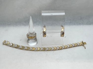 Italian Sterling Bracelet, Ring, Earring Set - Bracelet 7.25''L, Ring Sz 9, Hoop Earrings