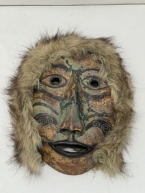 Alaskan Eskimo Pottery Mask w/ Fur, Signed - Handpainted Inuit Mask 8'' x 11''