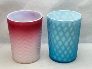 (2)Mt Washington Pearl Satin Tumblers 2.75'' x 3.75'' - (1)Diamond Quilt Blue, (1)Zig Zag Pattern
