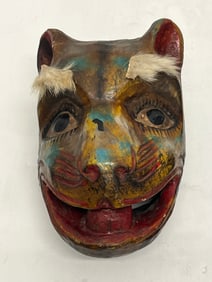 Antique Mexican Folk Art Guerreo Cat Mask 6.5'' x 10.5'' - Handpainted, Carved Wooden Mask w/ Fur