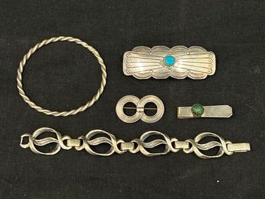 Asst Vintage Sterling Silver Jewelry - Native American Turquoise Hair Barrette (Clasp Needs Work),