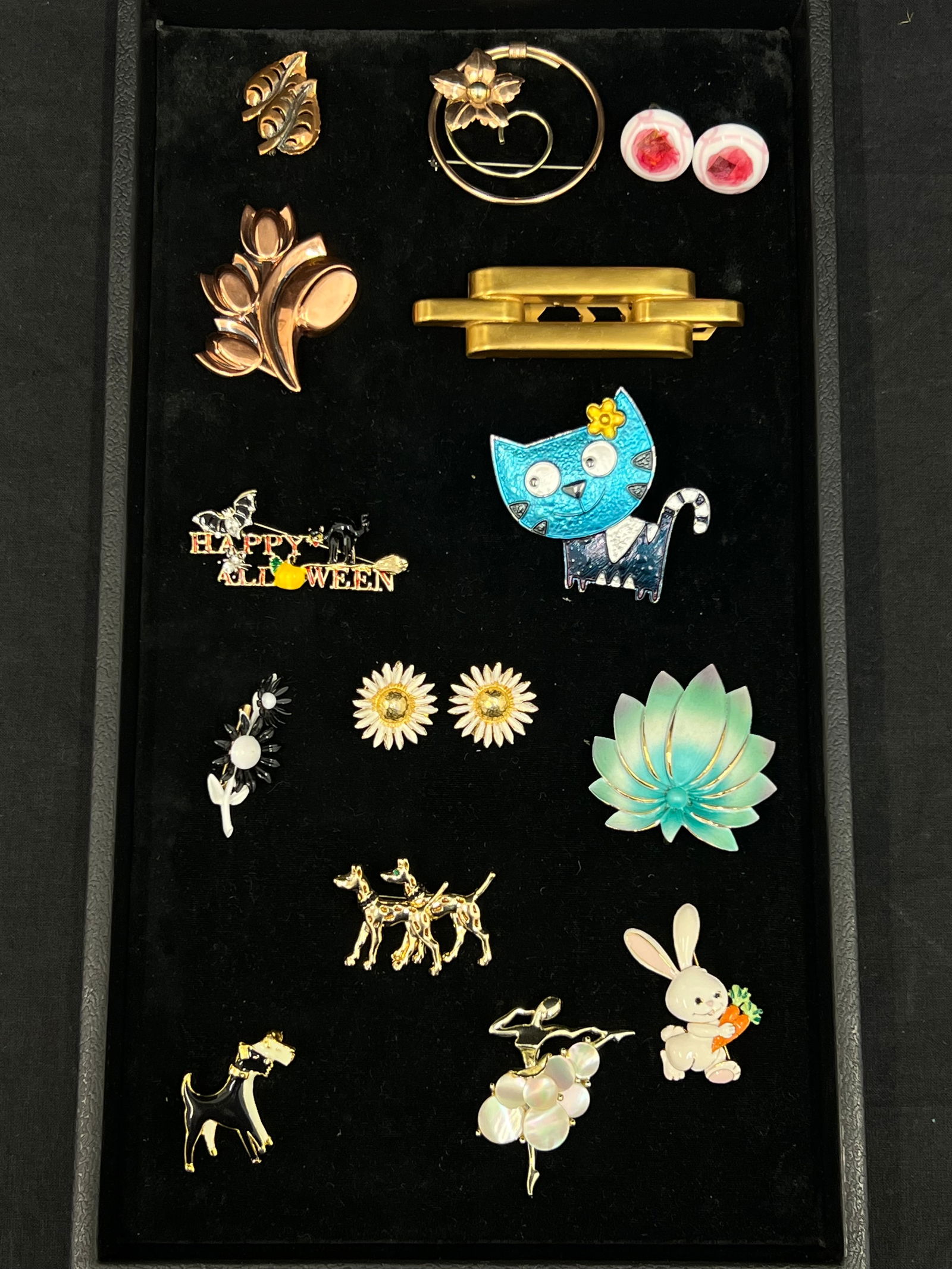 Asst Vtg Jewelry-Renior, Krementz,Enamel + More - Daisy Print Earrings, Dog Brooches / Pins, Taylord (1 of 4)