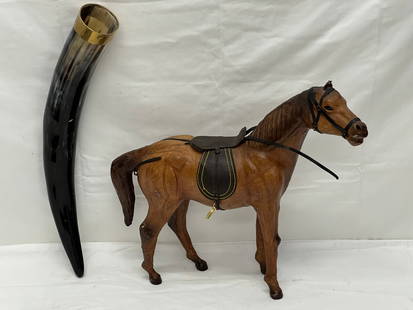 Drinking Viking Horn + Leather Horse Figure - Horn w/ Brass Rim 15''L , Leather Horse 15'' x 3.5'' x: Drinking Viking Horn + Leather Horse Figure - Horn w/ Brass Rim 15''L , Leather Horse 15'' x 3.5'' x 13.5''