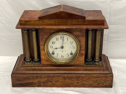 Ansonia Pillar Mantle Chime Clock w/ Key - 15'' x 6'' x 12'' - (Chimes but Needs Work, See Photos): Ansonia Pillar Mantle Chime Clock w/ Key - 15'' x 6'' x 12'' - (Chimes but Needs Work, See Photos)