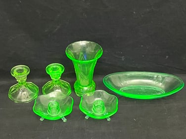 6pcs Vtg Vaseline Uranium Glass - 2prs Candlesticks - Footed 4.25'' x 1.5'', Stick 3.5'' (See