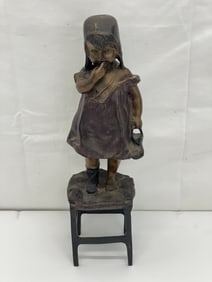 19thC Juan Clara Signed Bronze Girl on Stool - Circa 1875, Signed on Stool, 12''T