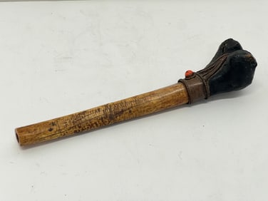 19thC Tibetan Kangling Thigh Bone Trumpet Horn - Tibetan Ritual Horn w/ Coral Bead & Metal Work