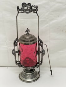 Antique Cranberry Glass Coin Dot Pickle Castor w/ Tongs- Base w/ Pictorial Scenes by Reed + Barton -