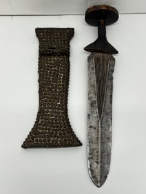 African Kuba Short Sword Ikul 19thC - Decorated Wood Sheath, Overall 19''L, Blade 3'' x 13.25''