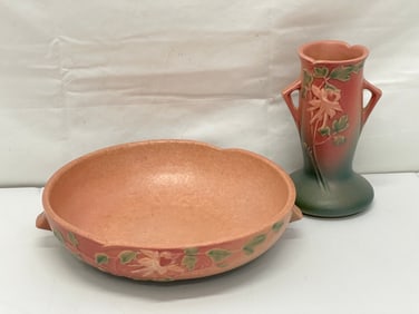 (2)Vtg Roseville Pottery Columbine Vase & Bowl - 6.25''T Columbine Handled Vase #13-6 + Console Bowl