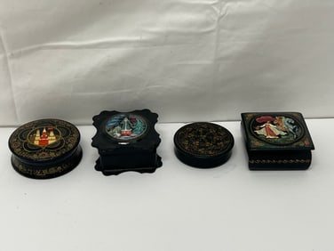 (4)Russian Handpainted Laquer Trinket Boxes - Asst Shapes & Sizes - 2.5'' x 2'' x 1.25'' to 2'' x