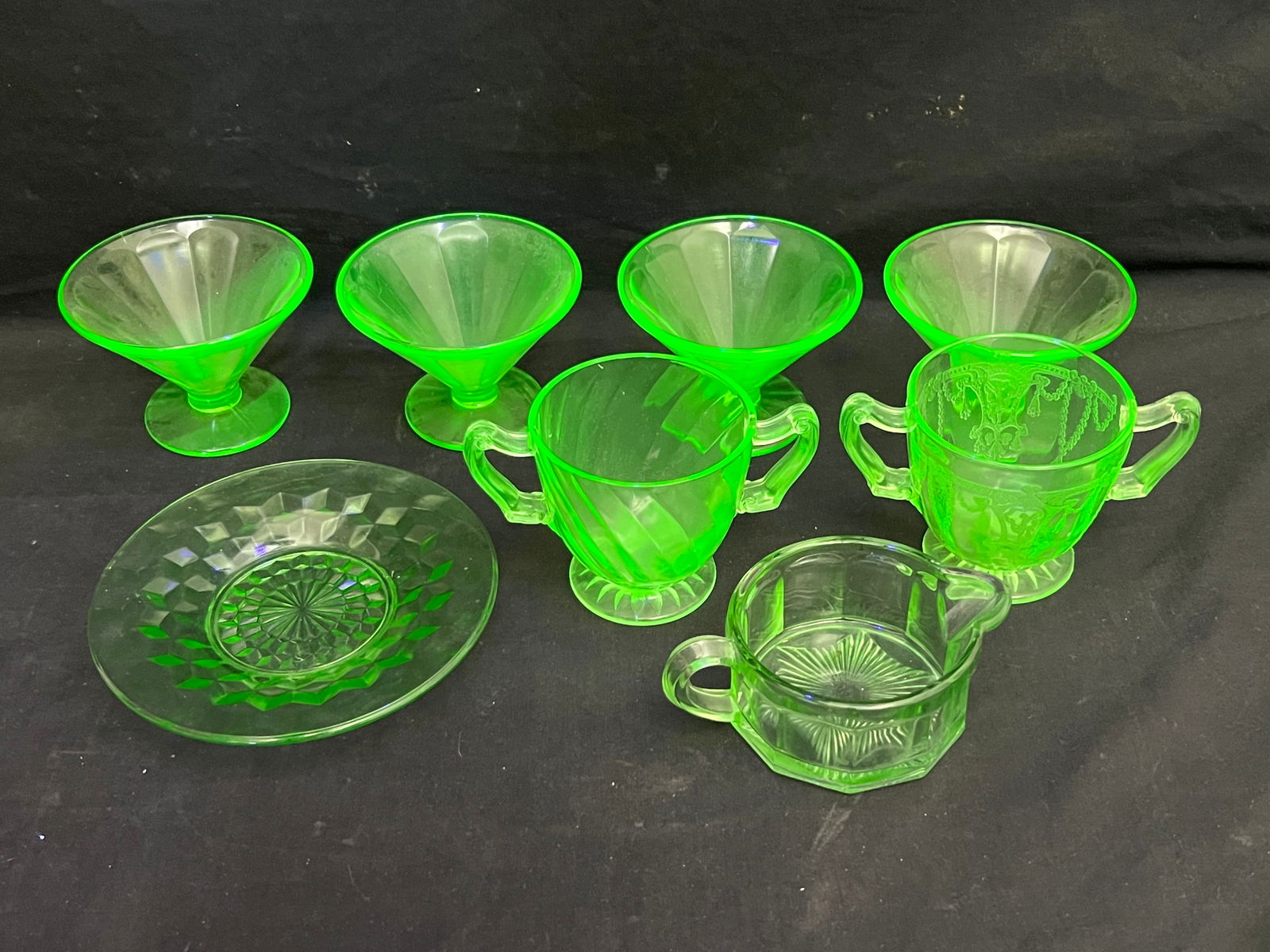 8pcs Vtg Vaseline Uranium Glass - Sherberts, Bread Plate, Creamer, Sugar / Handled Cups (1 of 6)