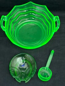 3pcs Vtg Vaseline Uranium Glass - Unusual Moth / Butterfly Trinket Bowl, Small Ladel (Inspect),