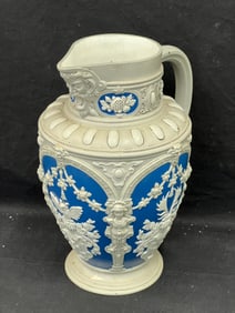 19thC Villeroy Boch Mettlach Jug 11''T - Face on Spout, Owl, Figural Ladies w/ Crest - #2076