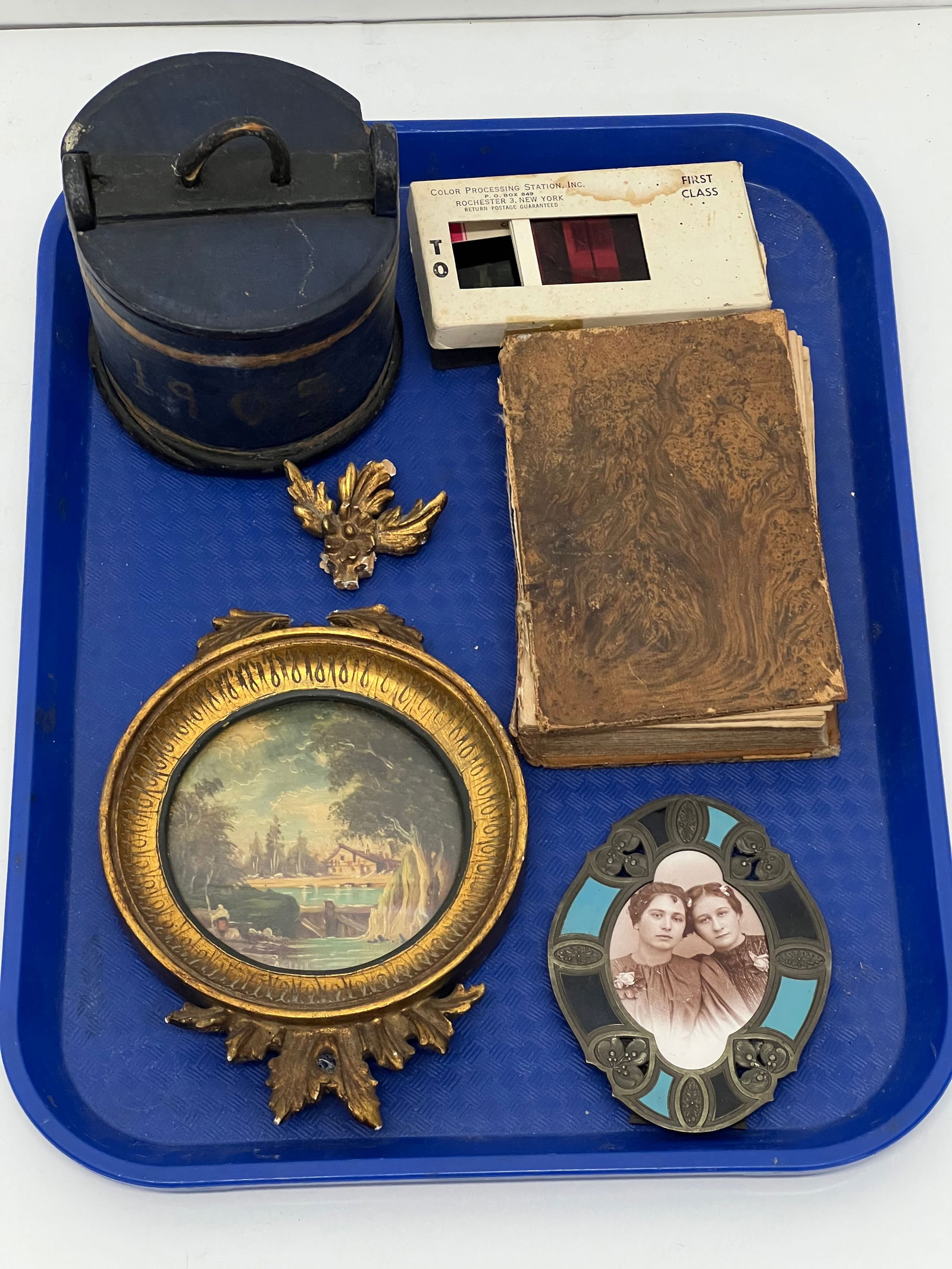 Antique Miniature Oil, Book, Wood Box, Enamel Frame- Signed Oil of Cabin at Lake 3.25'' Sight, 1820 (1 of 8)