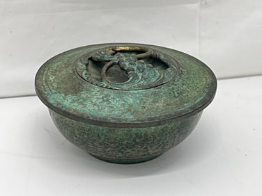 Art Deco Bronze Lidded Bowl Carl Sorensen - Signed on Bottom, Lid has Grape Design - 6.5'' x 2.5''