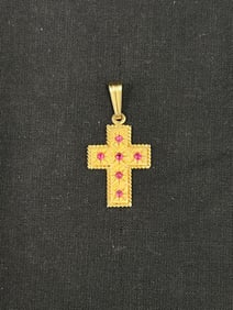 14K Gold Ruby Gemstone Cross Pendant 4.25g Wgt - Hallmarked 14K w/ Maker Mark - 1'' x .75'' w/o