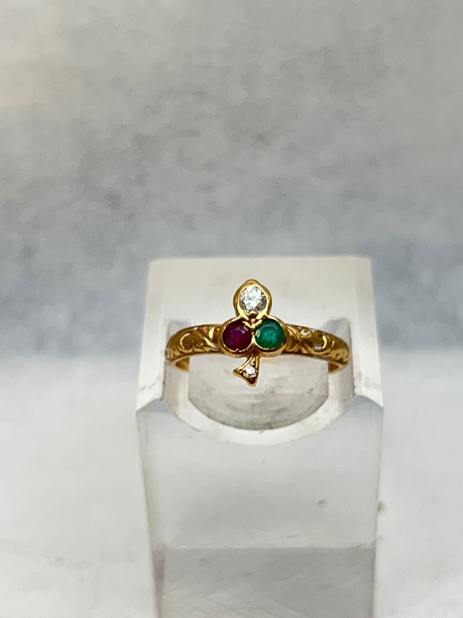 Vtg 18K Gold Diamond Ruby Emerald Ring, Sz 6 - Vintage 18K Ring w/ Hallmarks inside J &P 18K 750 - (1 of 4)