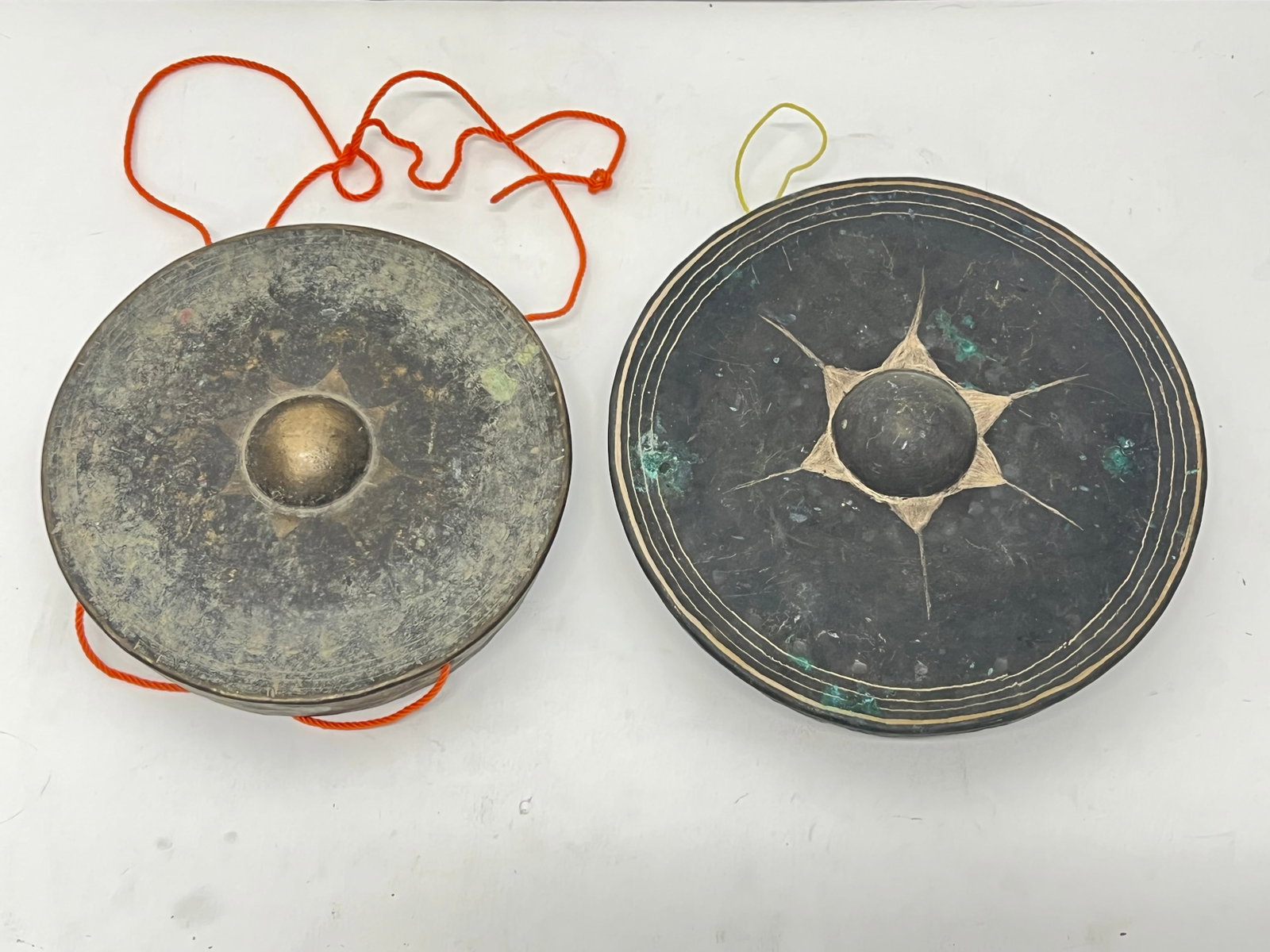 (2)Burmese Bronze Meditation Nipple Gongs - 11'' x 2'' , 9.5'' x 1.75'' - New Strings -: (2)Burmese Bronze Meditation Nipple Gongs - 11'' x 2'' , 9.5'' x 1.75'' - New Strings -