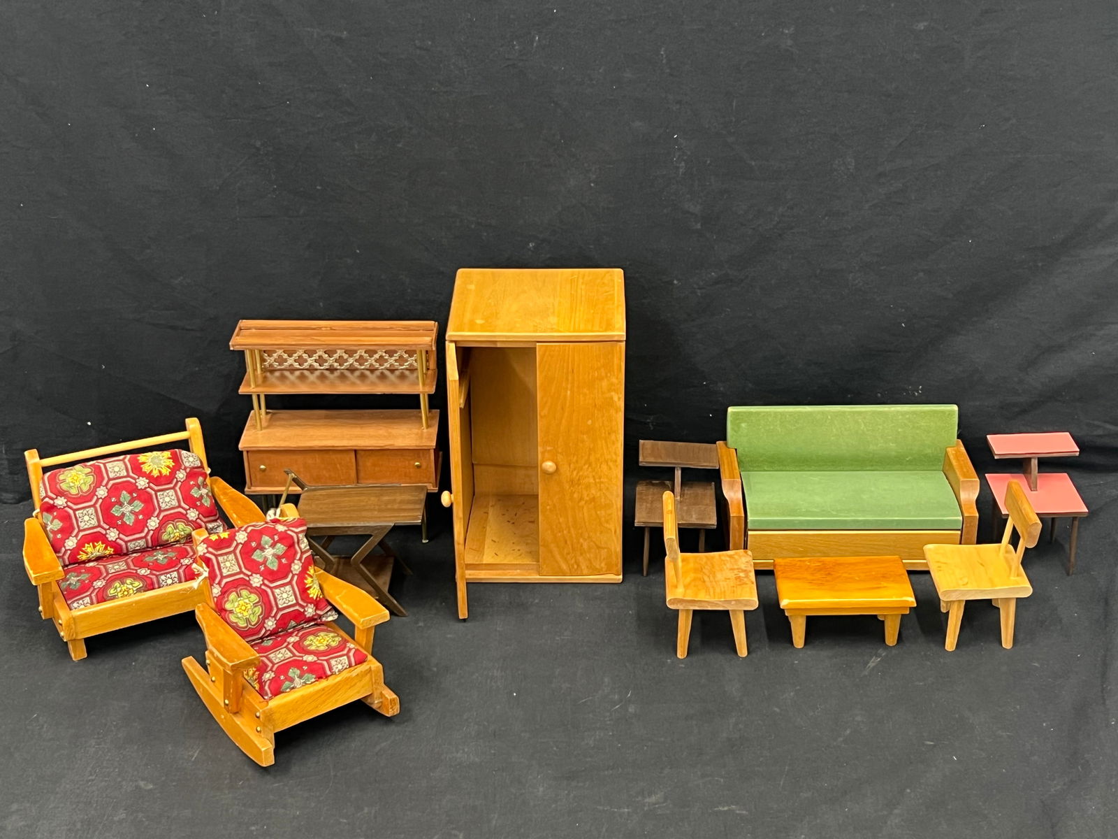 11pcs Vtg Doll Furniture, Strombecker, Per Pat,More - Sofa Couch, Armoire, Telephone Tables, Cart, (1 of 12)