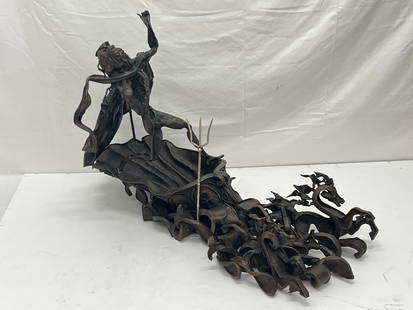 Daniel Albert Harris ''Zev'' Signed 1968 Poseidon Bronze - Rare Sculpture by Daniel Albert Harris: Daniel Albert Harris ''Zev'' Signed 1968 Poseidon Bronze - Rare Sculpture by Daniel Albert Harris A.K.A. Zev (1914-1986) C1968 Bronze of Poseidon (Neptune) Riding a Shell, Driven By Horses in the Wave