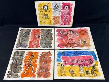 (5)Signed Charles Stewart(1922-2011) Original Art - 5Pcs Early Pencil Sketches w/ Watercolor & Mixed