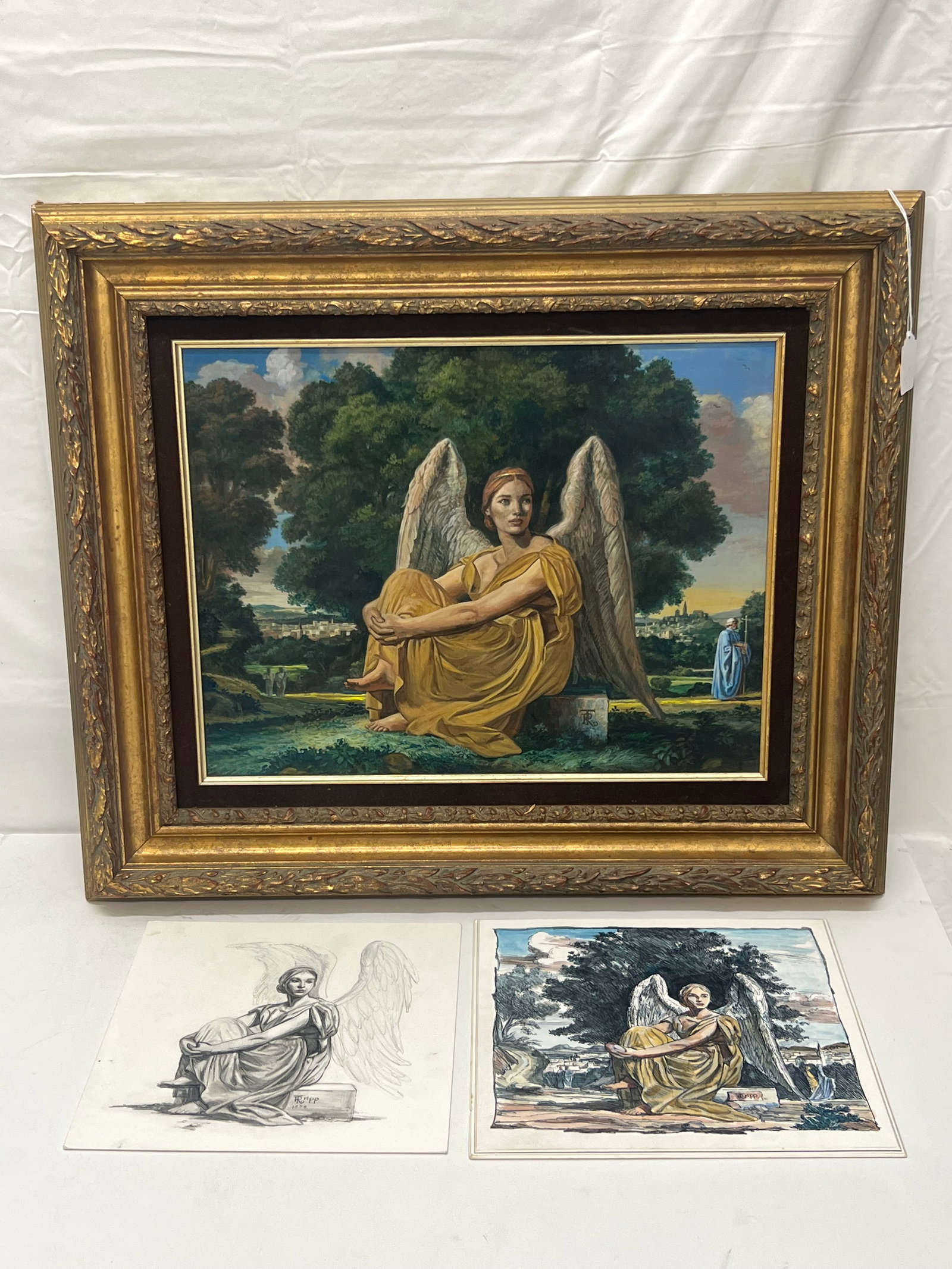 Russell Tripp(1942-2025) Original Oil & Sketches of Angel - ''Angel at Rest'' with Original Pencil: Russell Tripp(1942-2025) Original Oil & Sketches of Angel - ''Angel at Rest'' with Original Pencil Sketch, Oil Art & Original Completed Oil on Board - Framed 22'' x 26''