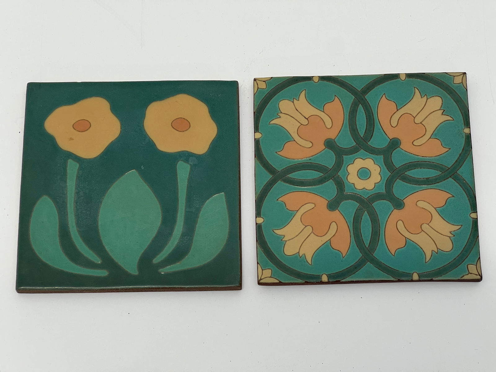 (2)Van Briggle Art Pottery Tiles 6'' x 6'' - Geometric w/ Tulips + Poppies (1 of 3)