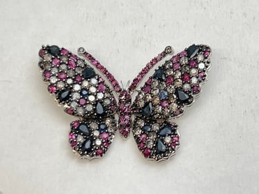 18K Gold Sapphires & Diamonds Butterfly Brooch - (60)Round Cut Diamonds 2-2.5mm , Approx 6cts