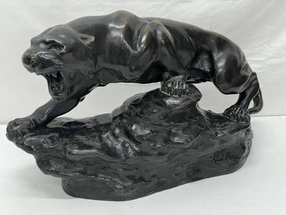 Thomas Cartier (French, 1879-1943)Bronze Panther - Circa 1920 ''Growling Panther'' Bronze Sculpture: Thomas Cartier (French, 1879-1943)Bronze Panther - Circa 1920 ''Growling Panther'' Bronze Sculpture on Rock Formation - Signed T.Cartier French - 20'' x 7'' x 14''