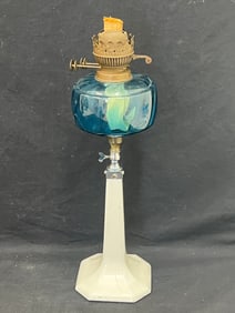 Antique Oil Lamp with Blue Font White Base 21''T - Beautiful Blue Font on Metal & Enamel Base (Has