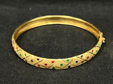 10K Gold Bangle Bracelet with Enamel 4.55g - Vintage Hallmarked with Hinge Closure 2.5'' Cir