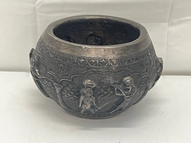 Antique .850 Silver Egyptian Bowl / Vase 5.5'' x 5'', 546g - Repousse Design with Mythical Bird ,