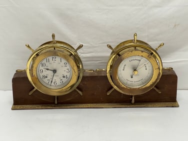 Seth Thomas Helmsman Ship Wheel Clock + Barometer - Seth Thomas Clock with German Movement