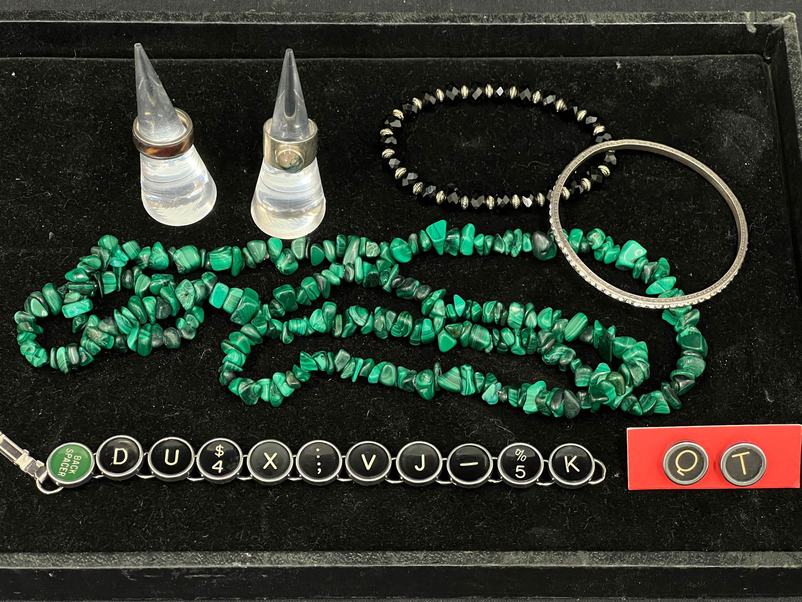 Asst Jewelry Malachite Necklace,Atq Typewriter Keys - Sterling Rings, JRC Mexico, Bracelets,: Asst Jewelry Malachite Necklace,Atq Typewriter Keys - Sterling Rings, JRC Mexico, Bracelets, Typewriter Keys Bracelets, Malachite 36''L Necklace