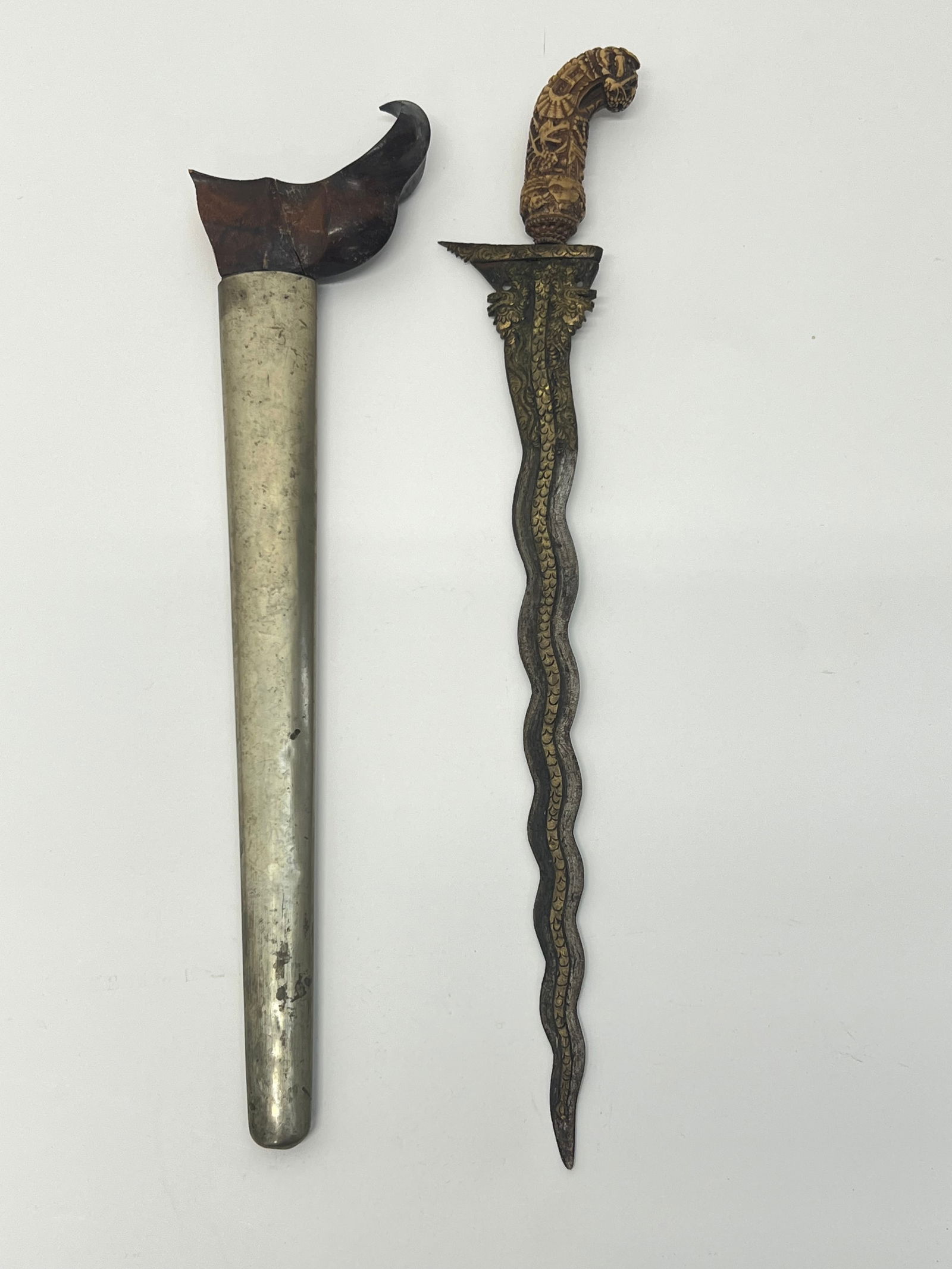Indonesian Kris Dagger w/ Scabbard - Overall 18''L, Blade 14.5''L - (Scabbard has damage, See (1 of 9)