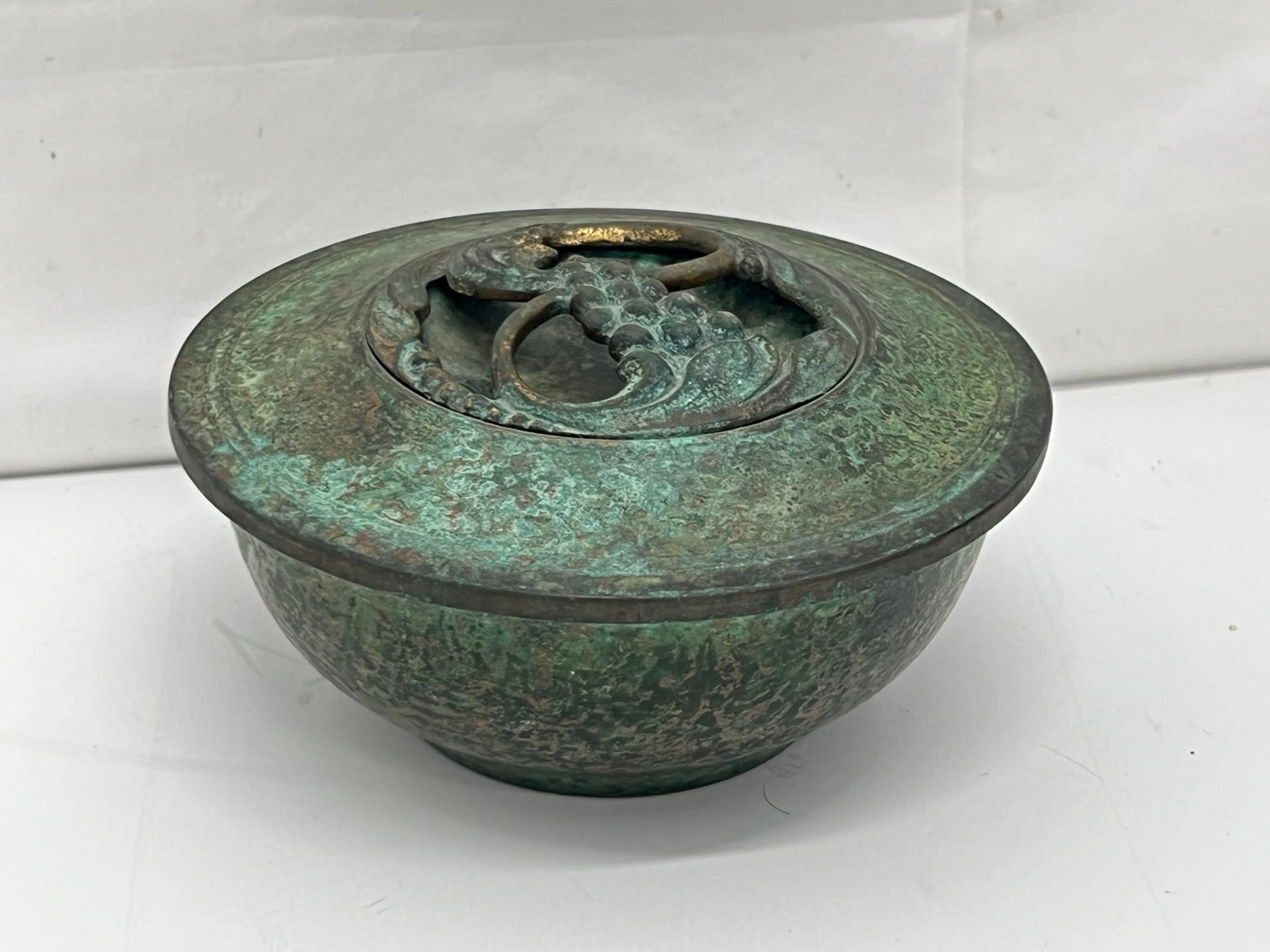 Art Deco Bronze Lidded Bowl Carl Sorensen - Signed on Bottom, Lid has Grape Design - 6.5'' x 2.5'': Art Deco Bronze Lidded Bowl Carl Sorensen - Signed on Bottom, Lid has Grape Design - 6.5'' x 2.5''