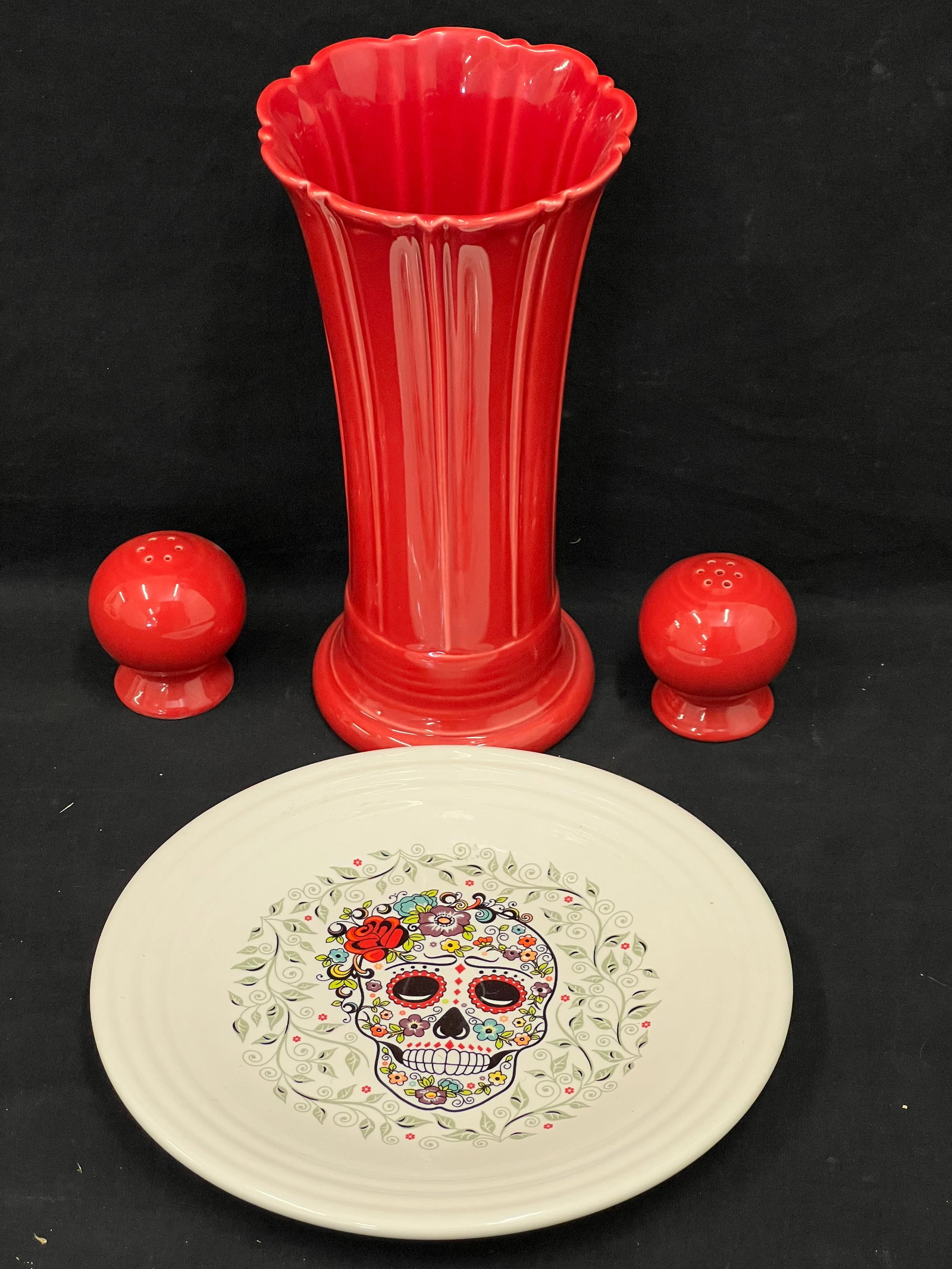 Fiesta Pottery Red Vase, S&P, Skull Plate - Vase 9.75''T , Salt & Pepper, Day of Dead Lunch Plate: Fiesta Pottery Red Vase, S&P, Skull Plate - Vase 9.75''T , Salt & Pepper, Day of Dead Lunch Plate 9''